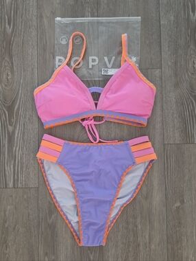New! Vibrant Pink & Lavender Two-Piece Bikini with Neon Orange Trim